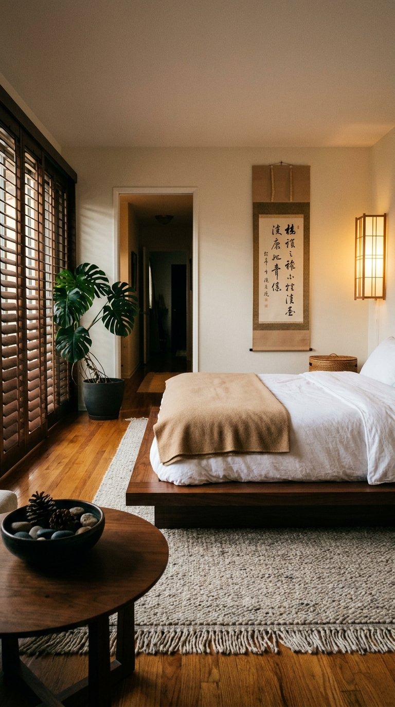 Chambre avec lit bas en bois, stores foncés, plante verte et calligraphie murale