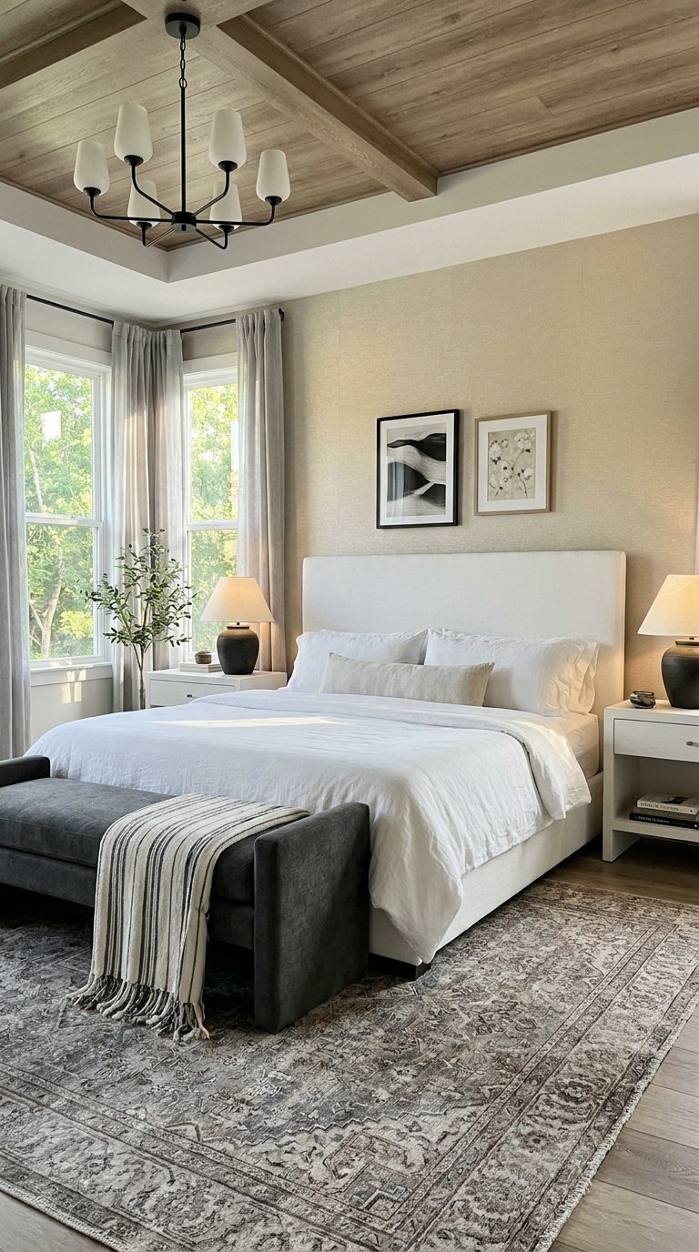 Chambre lumineuse avec lit blanc, deux chevets symétriques et tapis gris