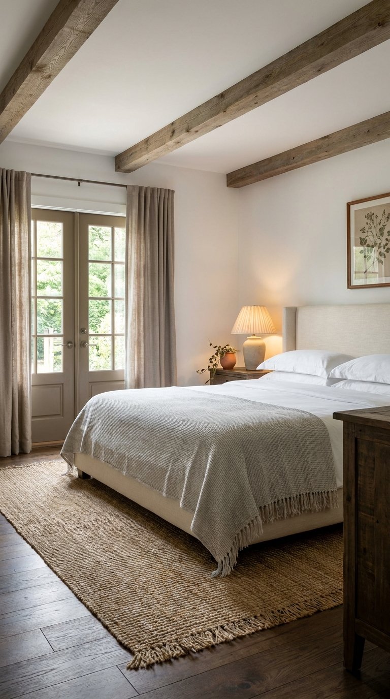 Chambre aux poutres apparentes avec lit beige, portes vitrées et tapis en jute