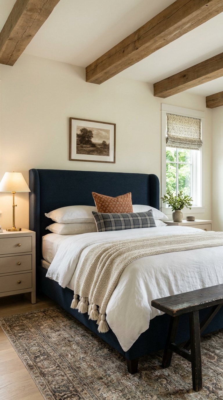 Lit bleu marine sous des poutres en bois avec chevets clairs et tapis ancien