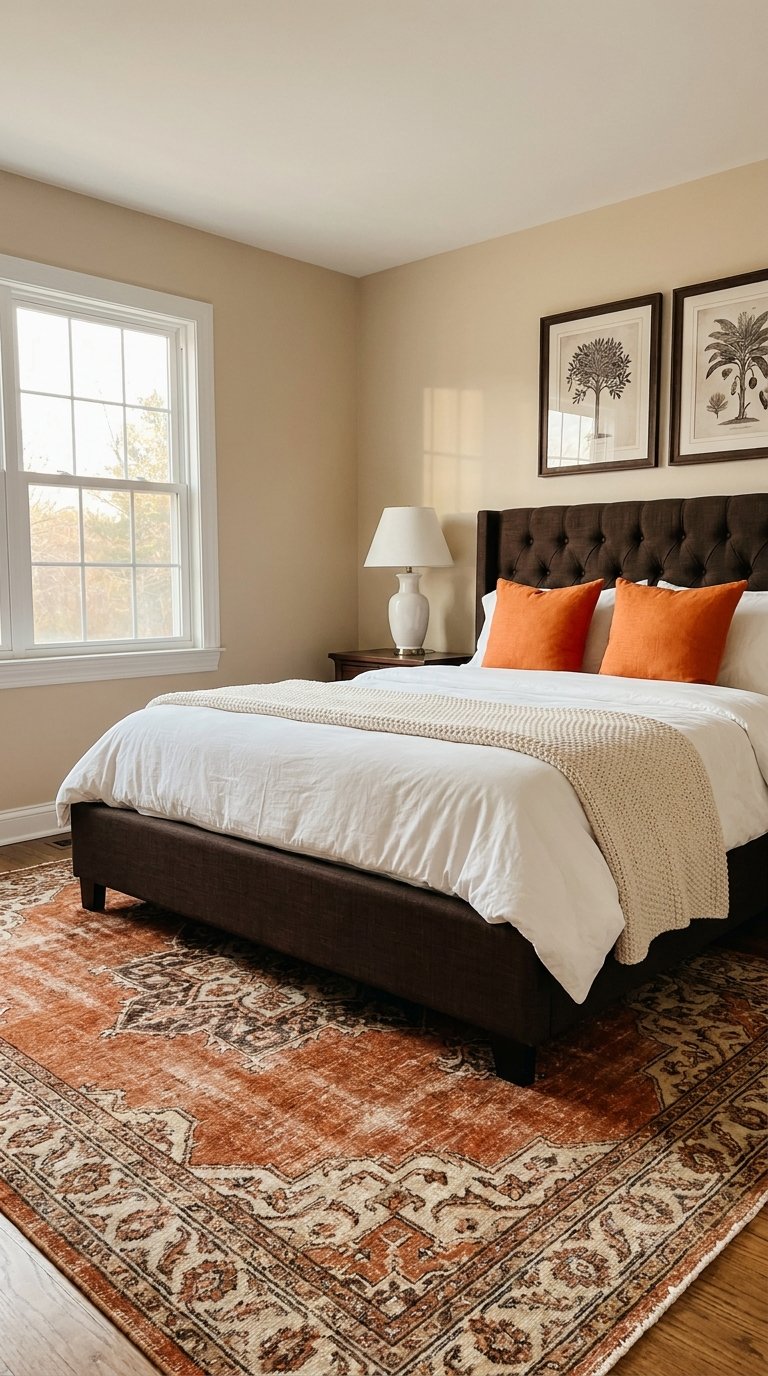 Chambre beige avec lit brun capitonné, coussins orange et grand tapis terracotta