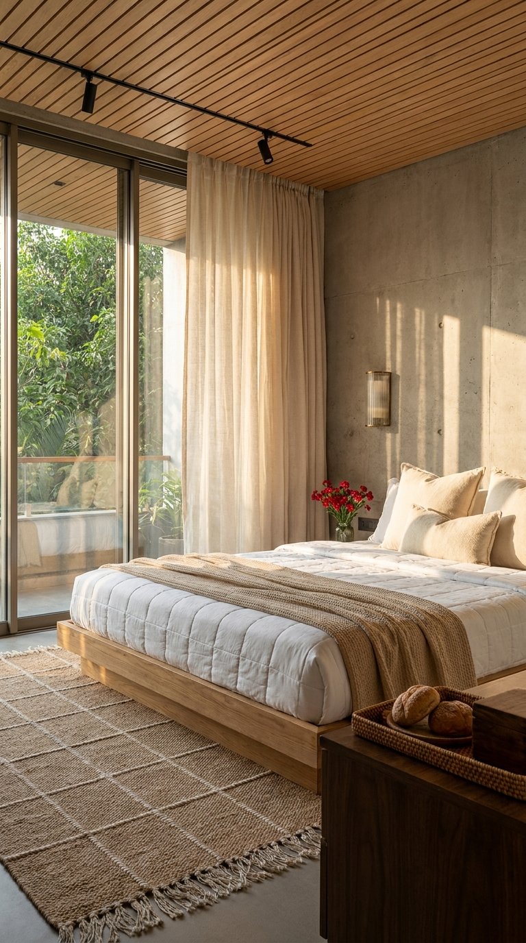 Chambre contemporaine avec lit en bois, mur en béton et baie vitrée sur la végétation