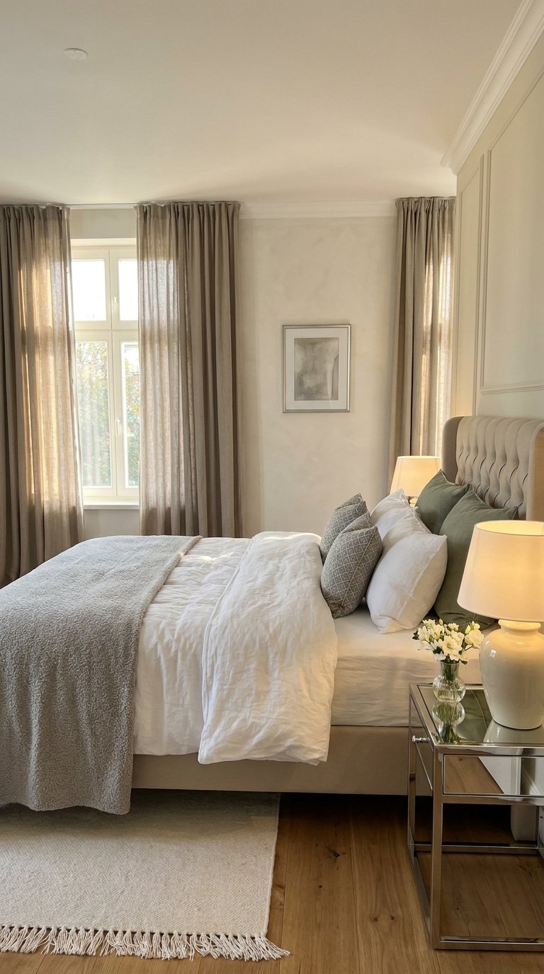Chambre élégante avec tête de lit capitonnée, rideaux taupe et lampes assorties