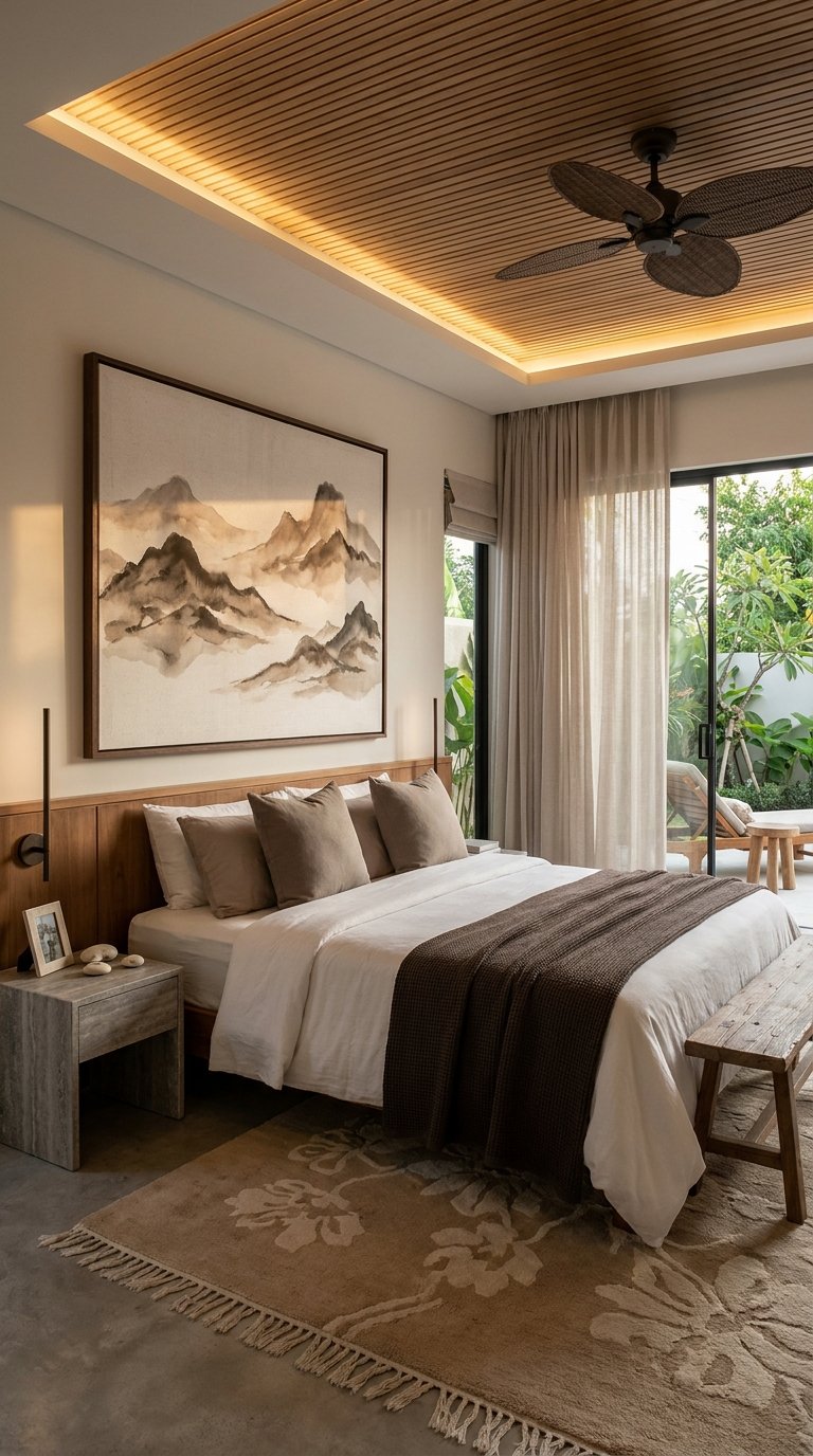 Chambre contemporaine en bois et beige avec tableau de montagnes et plafond rétroéclairé