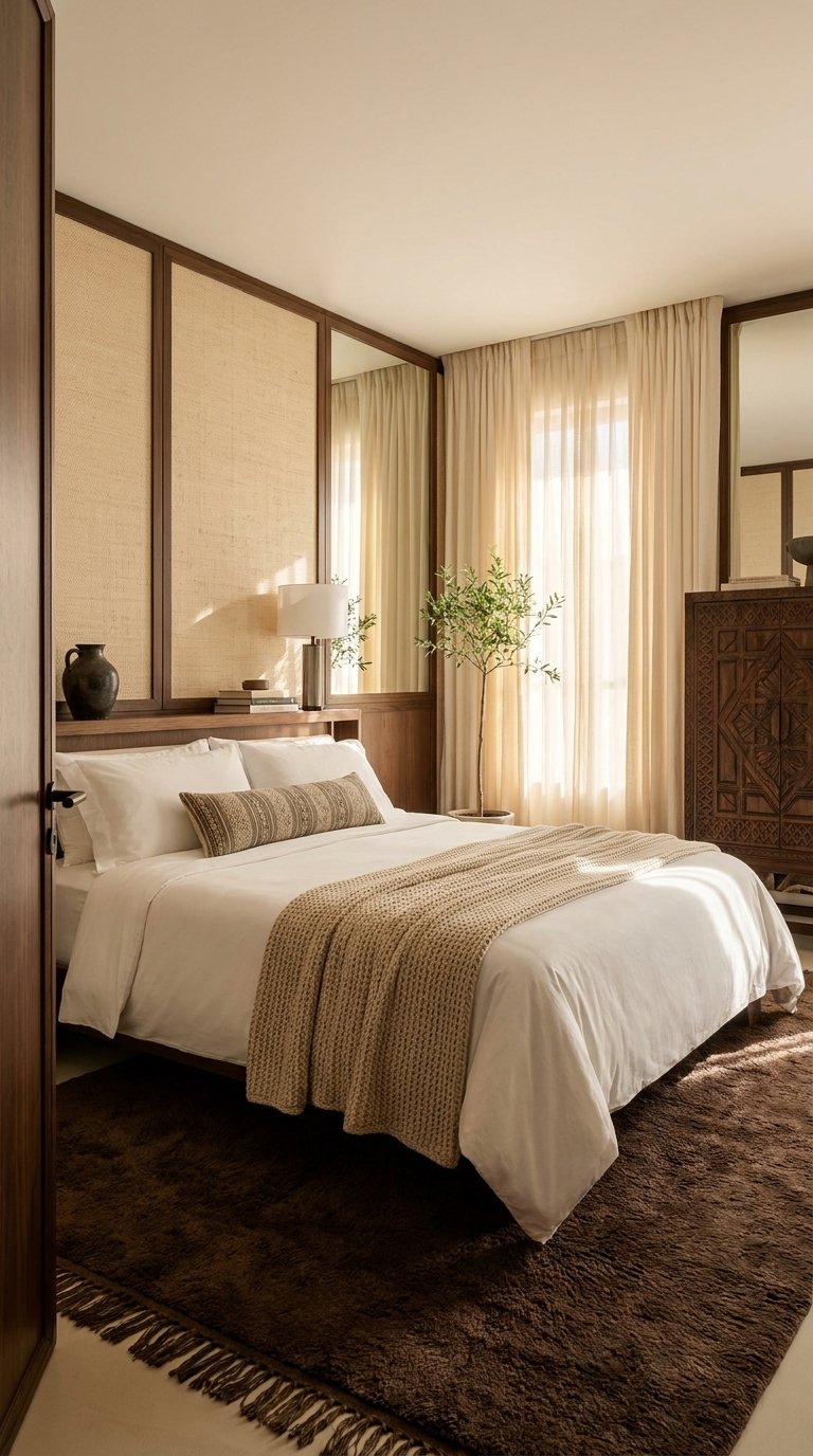 Chambre chaleureuse avec panneaux en fibres naturelles, bois foncé et voilages crème