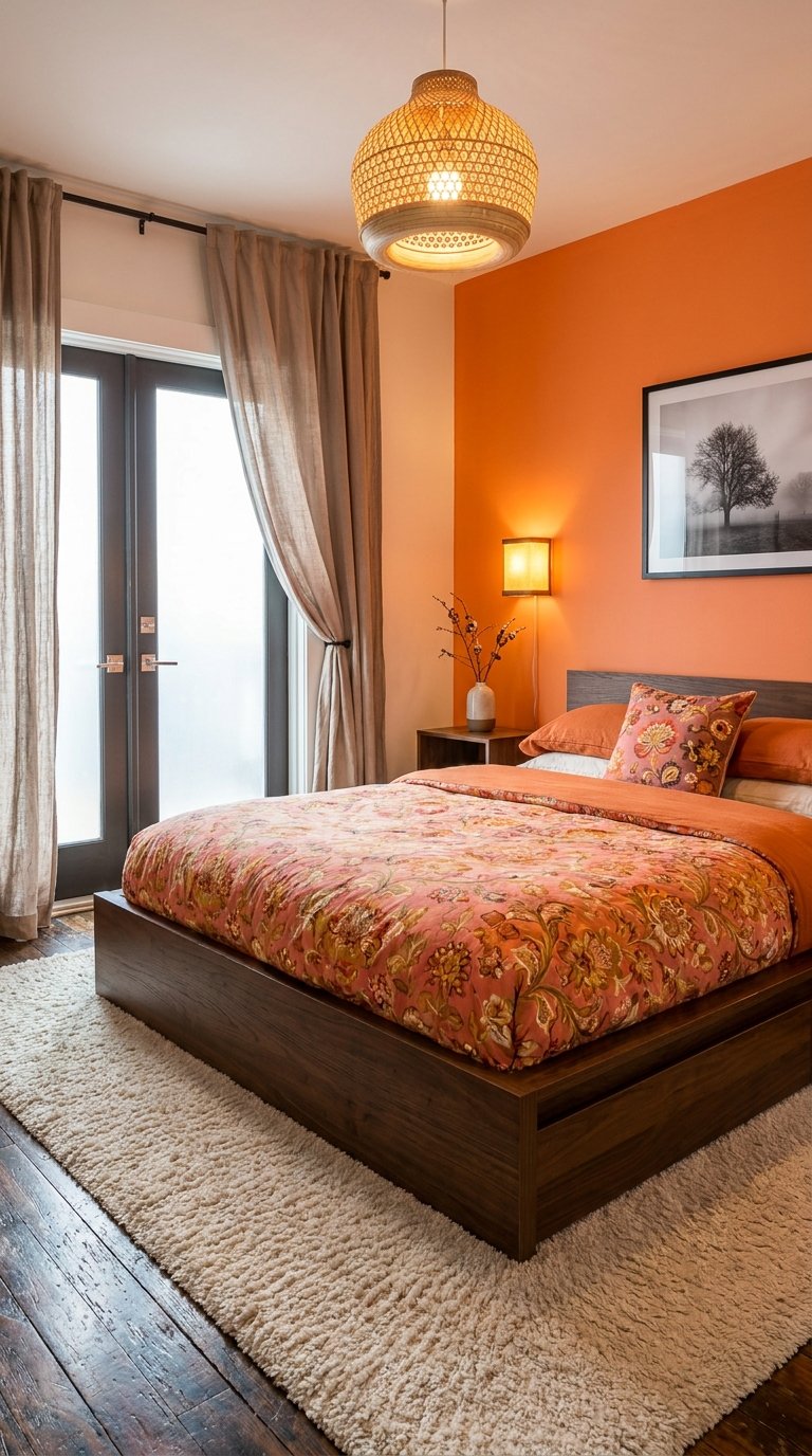 Chambre orange avec lit plateforme en bois, couvre-lit fleuri et suspension en rotin
