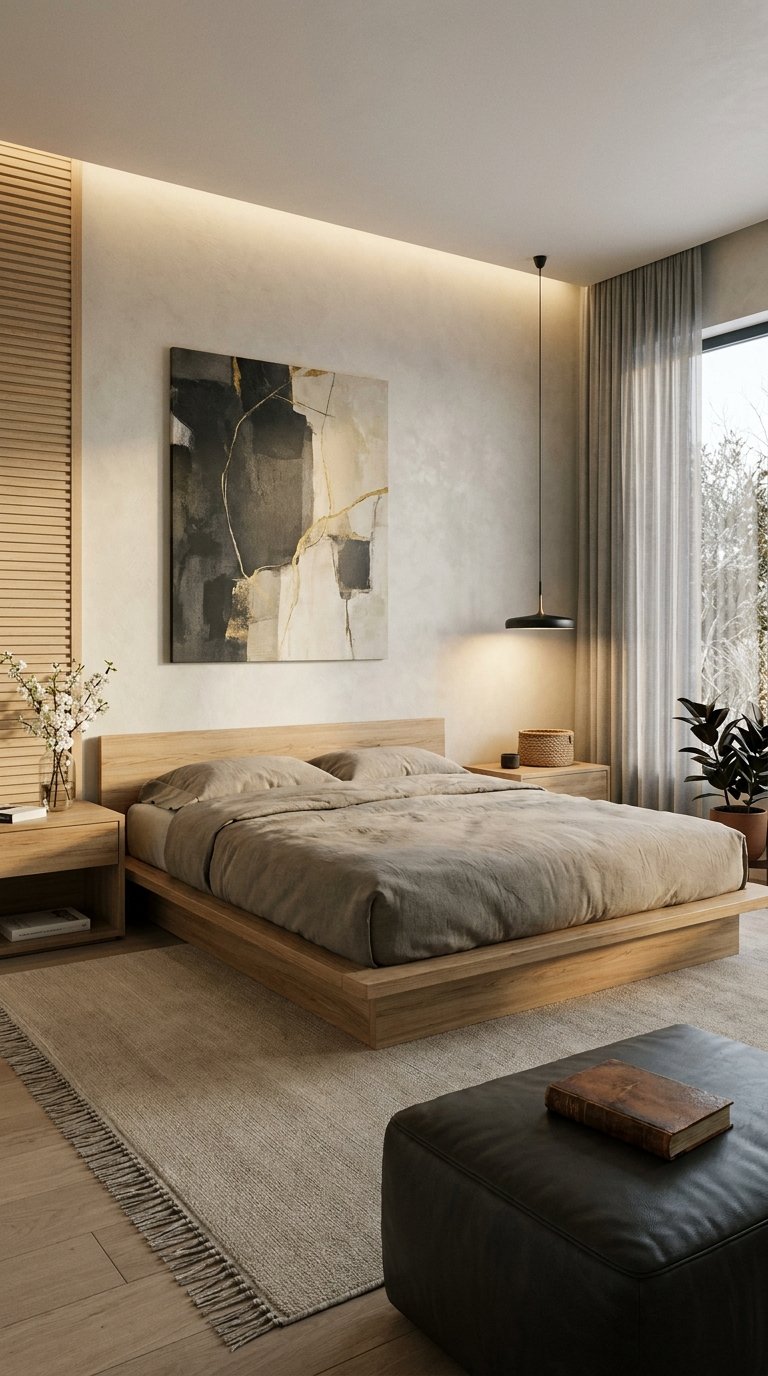 Chambre minimaliste avec lit plateforme en bois clair, tableau abstrait et rideaux gris