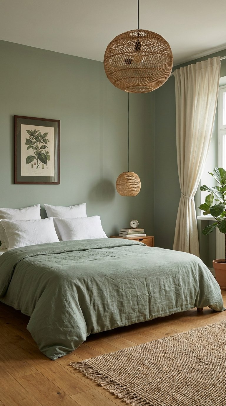 Chambre vert sauge avec linge de lit assorti, suspensions en rotin et grande plante