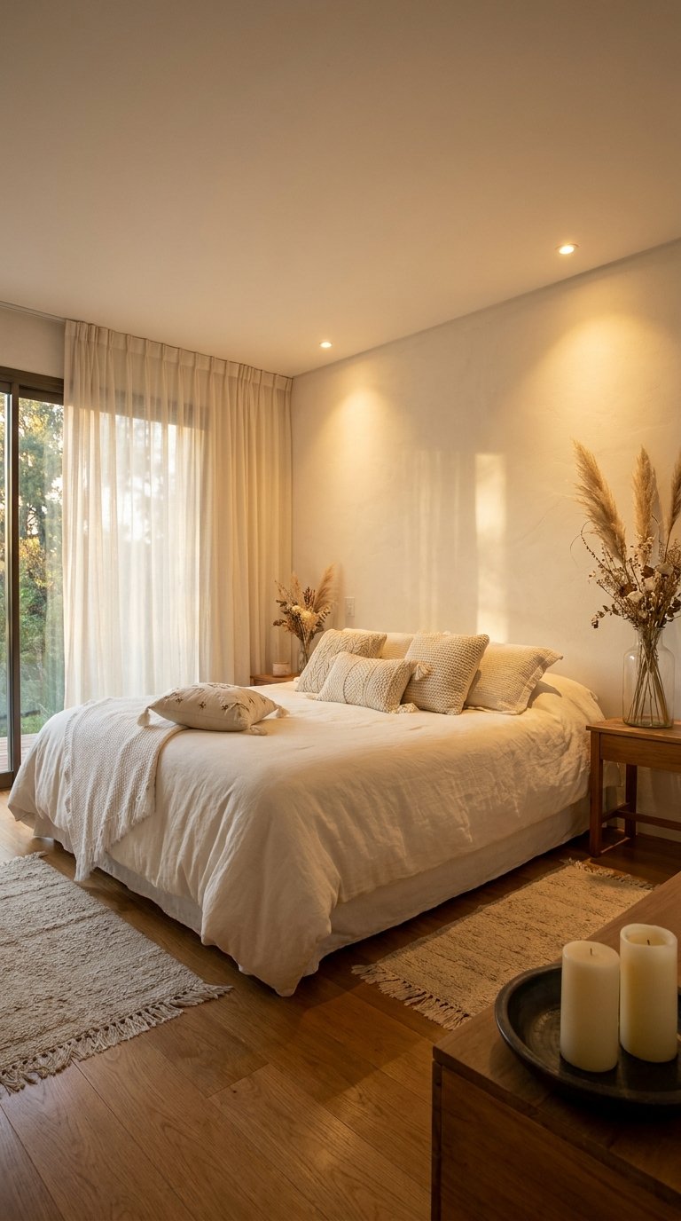 Chambre ivoire éclairée en lumière chaude avec bouquets séchés et mobilier en bois