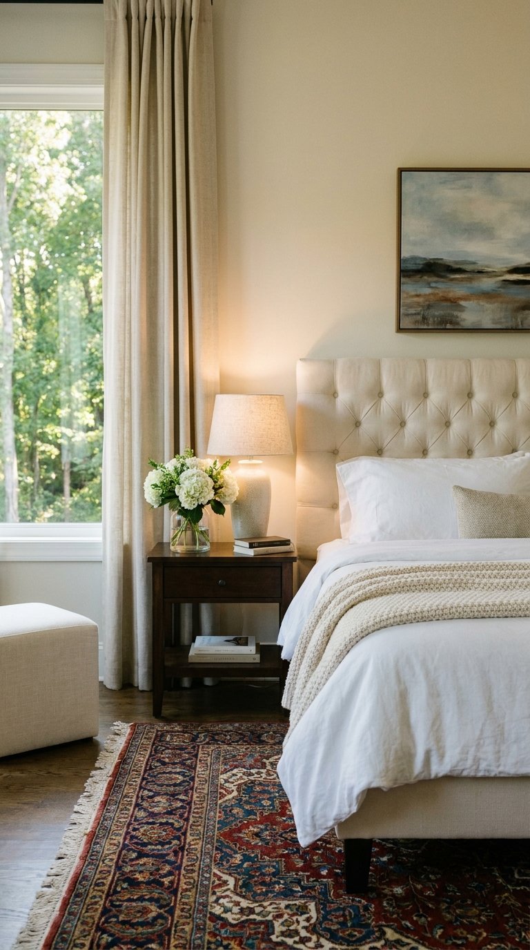 Chambre claire avec tête de lit beige, chevet en bois, bouquet blanc et tapis persan