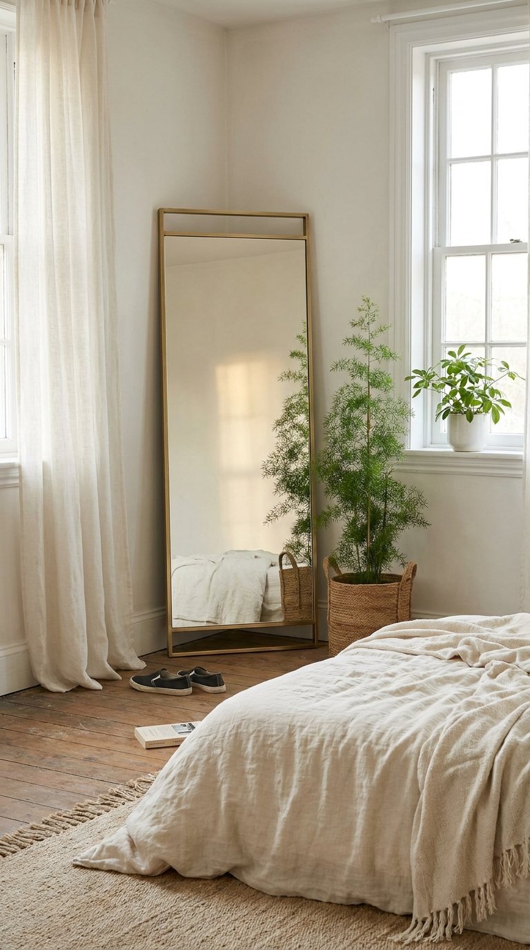 Chambre blanche avec miroir sur pied, plantes en pots et linge de lit en lin