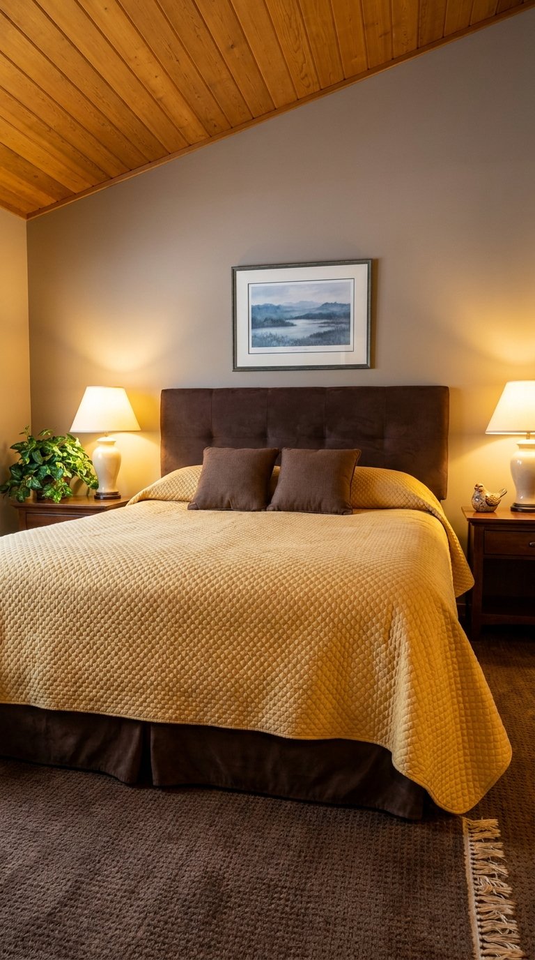 Chambre sous plafond en bois avec lit brun, couvre-lit moutarde et lampes symétriques