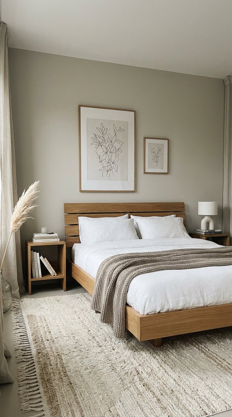 Chambre minimaliste avec lit en chêne, mur grège et dessins botaniques
