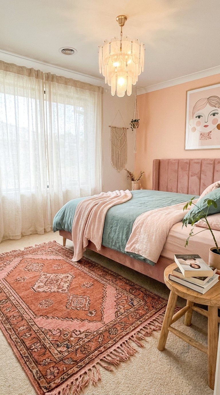 Chambre rose et vert d’eau avec tête de lit en velours et tapis oriental