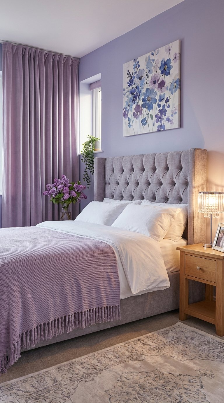 Chambre mauve avec tête de lit capitonnée, rideaux assortis et tableau floral