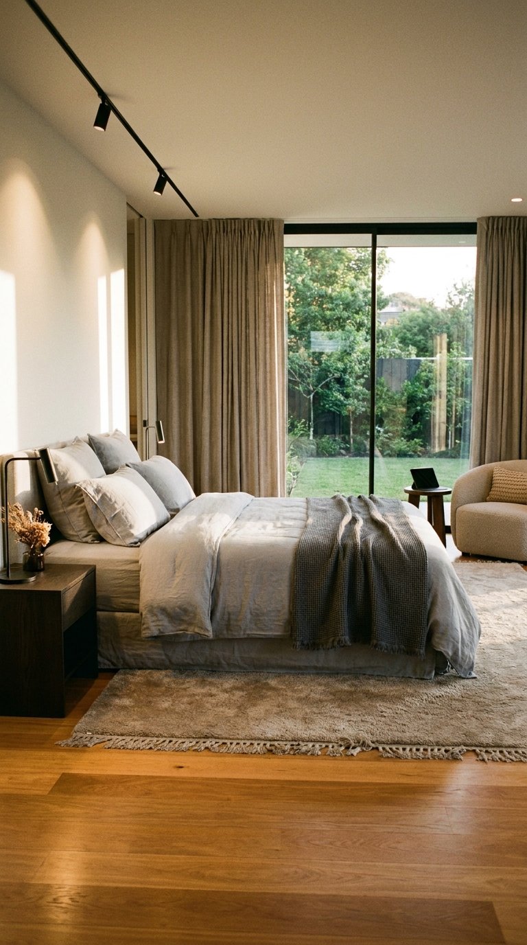 Grande chambre ouverte sur le jardin avec lit gris, baie vitrée et rideaux taupe