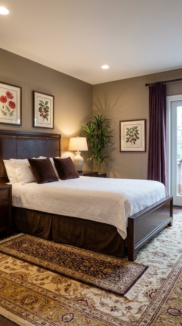 Chambre brune avec lit en bois, grande plante verte et illustrations botaniques