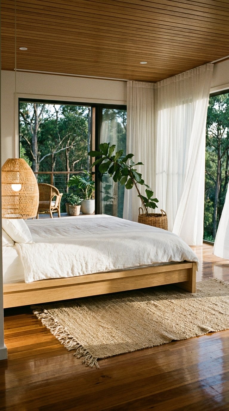 Chambre ouverte sur une forêt avec lit en bois clair, voilages blancs et plantes