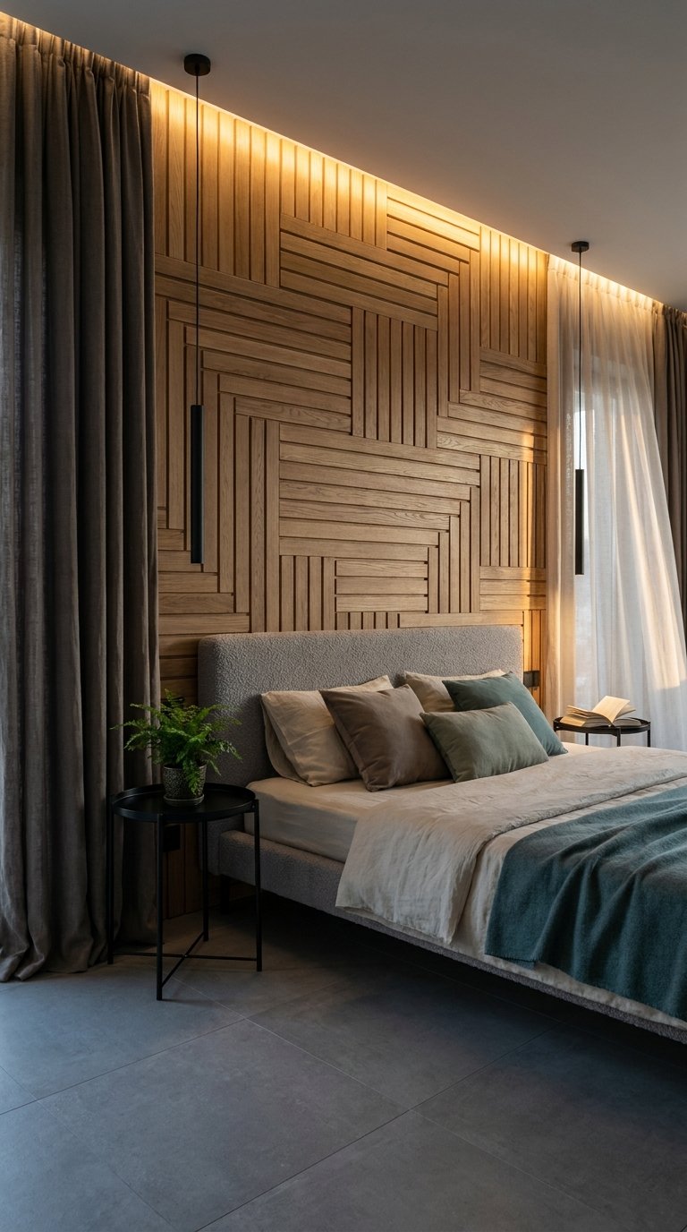 Chambre avec mur en tasseaux de bois géométriques et suspensions noires