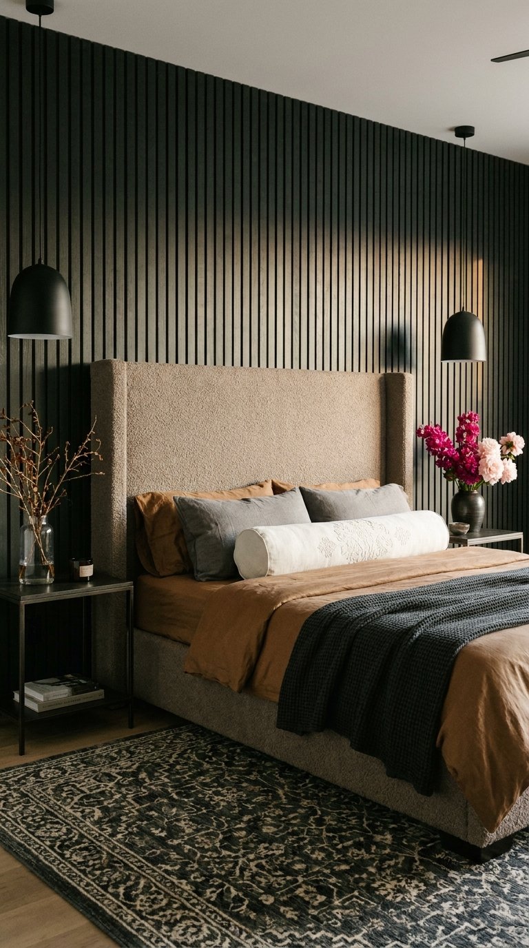 Lit beige devant un mur noir rainuré avec suspensions noires