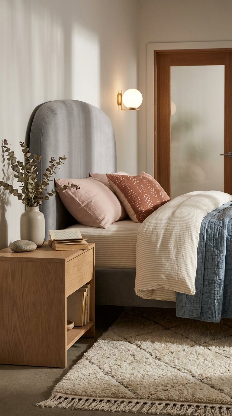 Chambre douce avec tête de lit arrondie grise et coussins roses