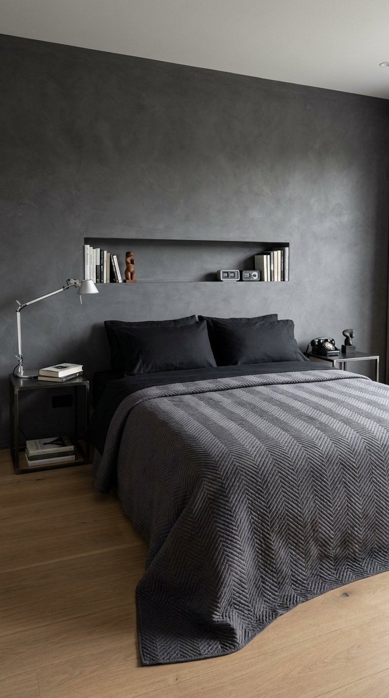 Chambre monochrome grise avec niche murale, linge noir et tables métalliques