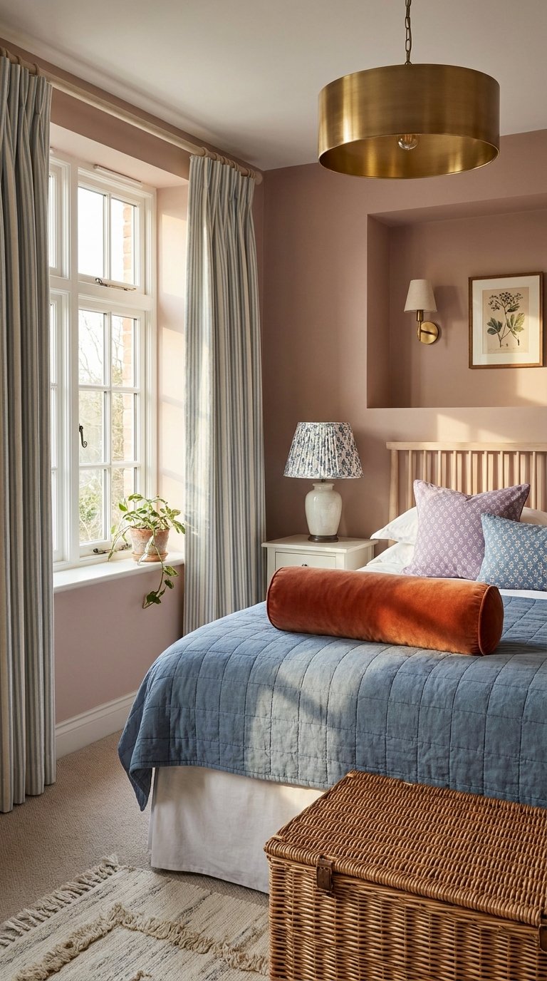 Chambre rose poudré avec couvre-lit bleu, coussins colorés et suspension dorée