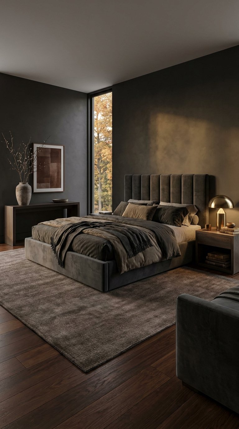 Chambre sombre avec lit gris, murs anthracite et fenêtre verticale