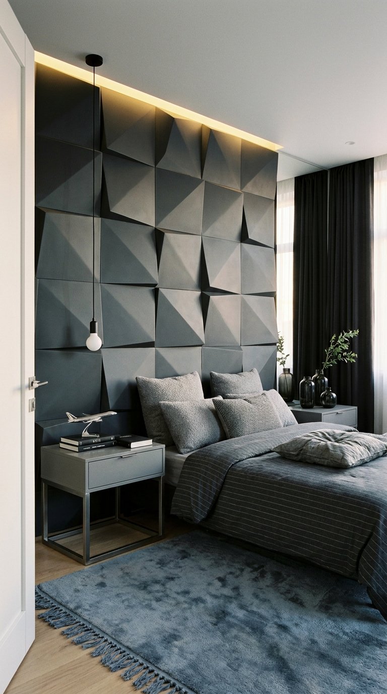 Chambre grise avec mur en panneaux géométriques en relief