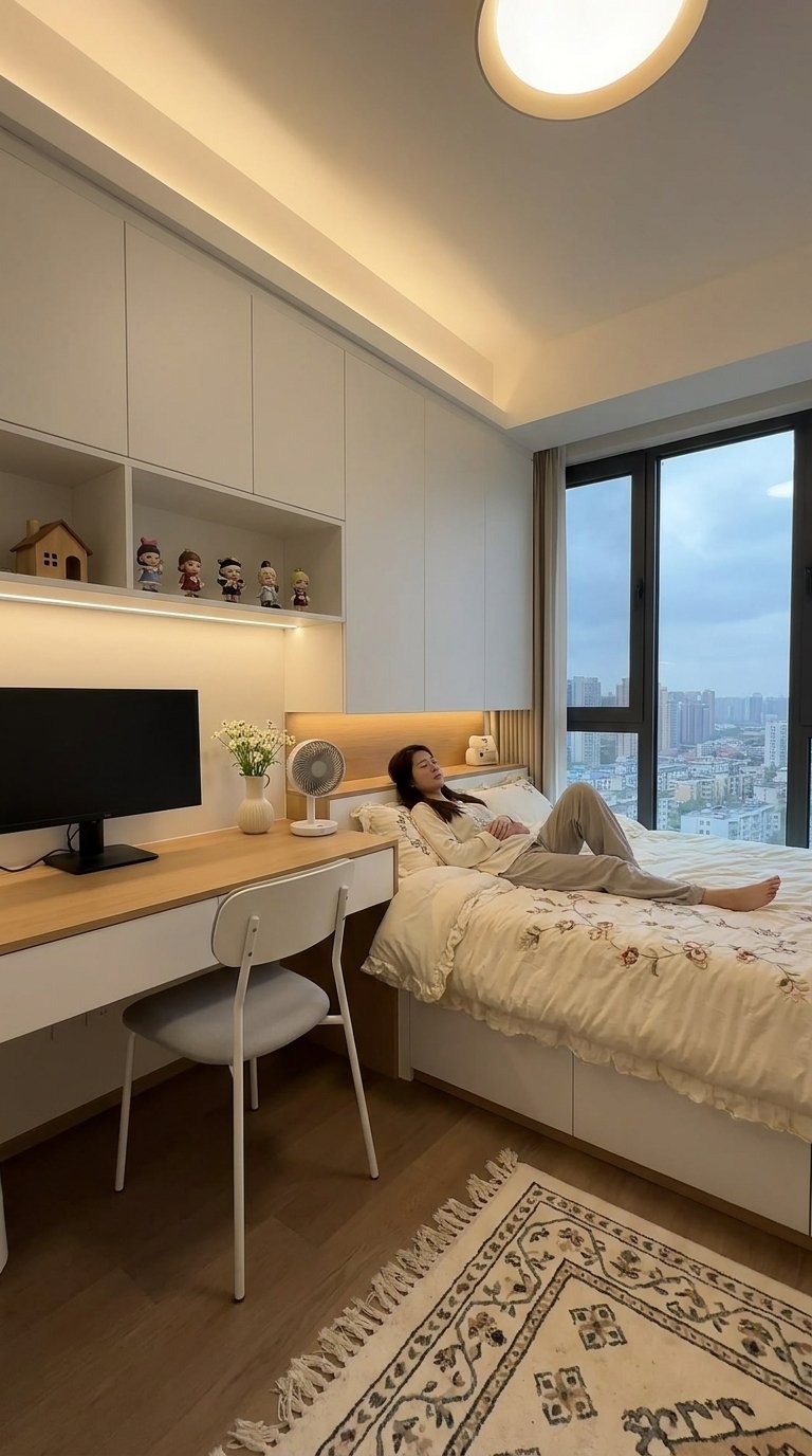 Petite chambre avec lit, bureau intégré, rangements blancs et grande fenêtre