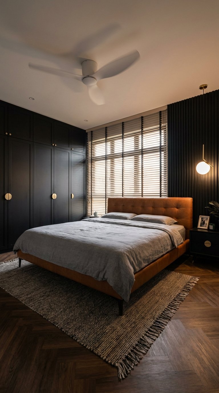Chambre noire avec lit en cuir caramel, grands placards et stores vénitiens