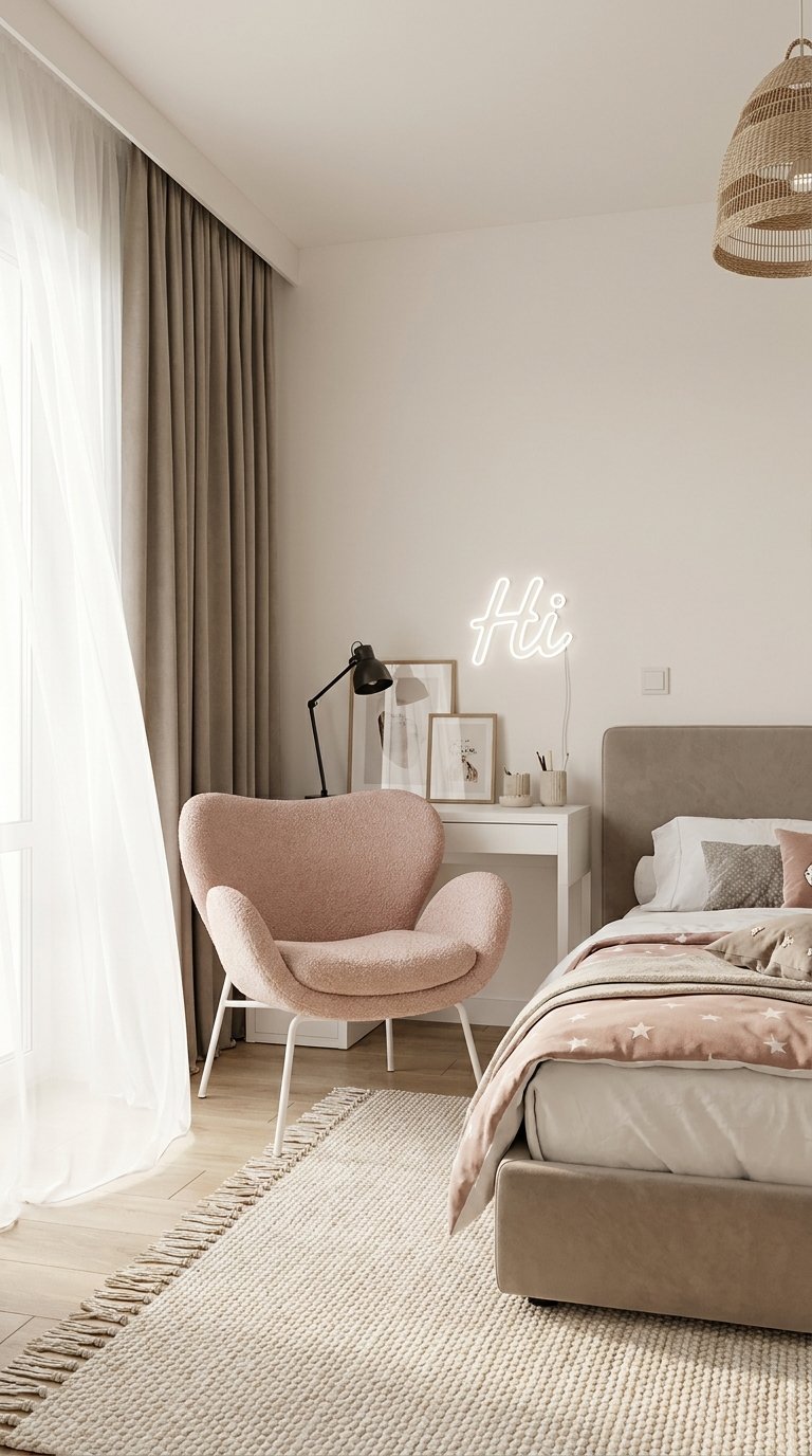 Chambre claire avec fauteuil rose bouclé, bureau blanc et rideaux taupe