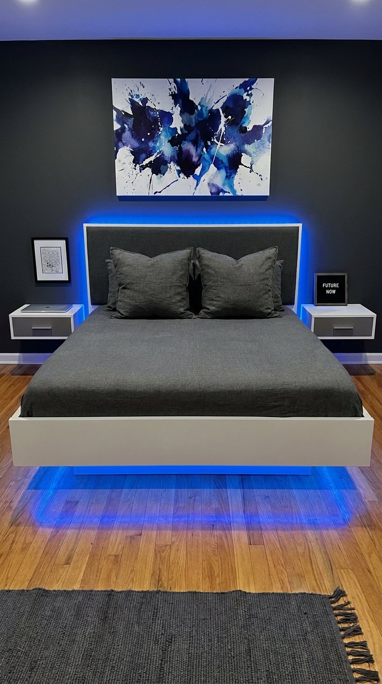 Chambre grise avec lit plateforme blanc et éclairage LED bleu