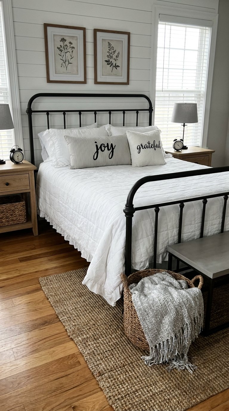 Chambre blanche avec lit en métal noir, chevets en bois et cadres botaniques