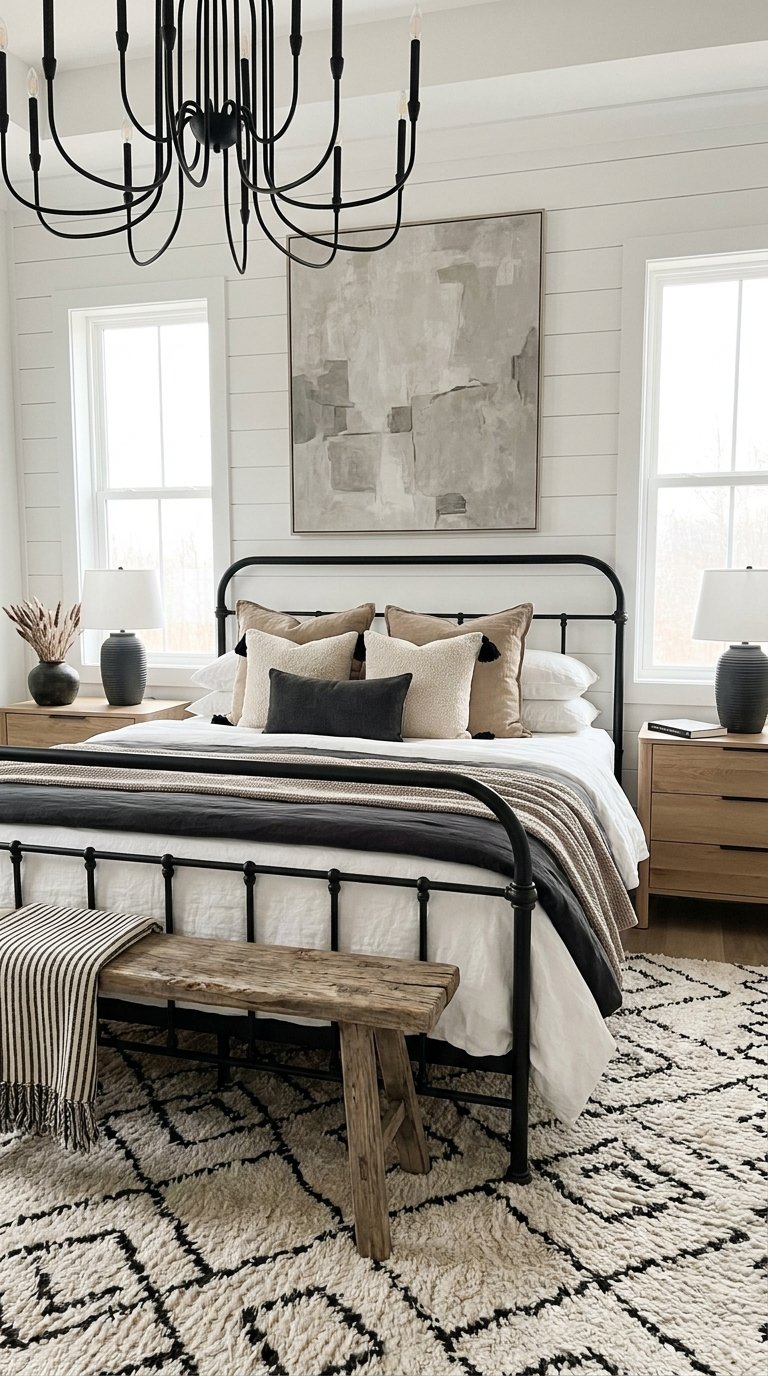 Chambre blanche avec lit en métal noir, lustre et grand tableau abstrait