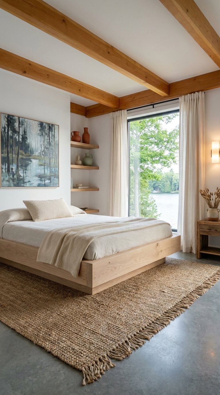 Chambre lumineuse avec poutres en bois, lit plateforme et vue sur un lac