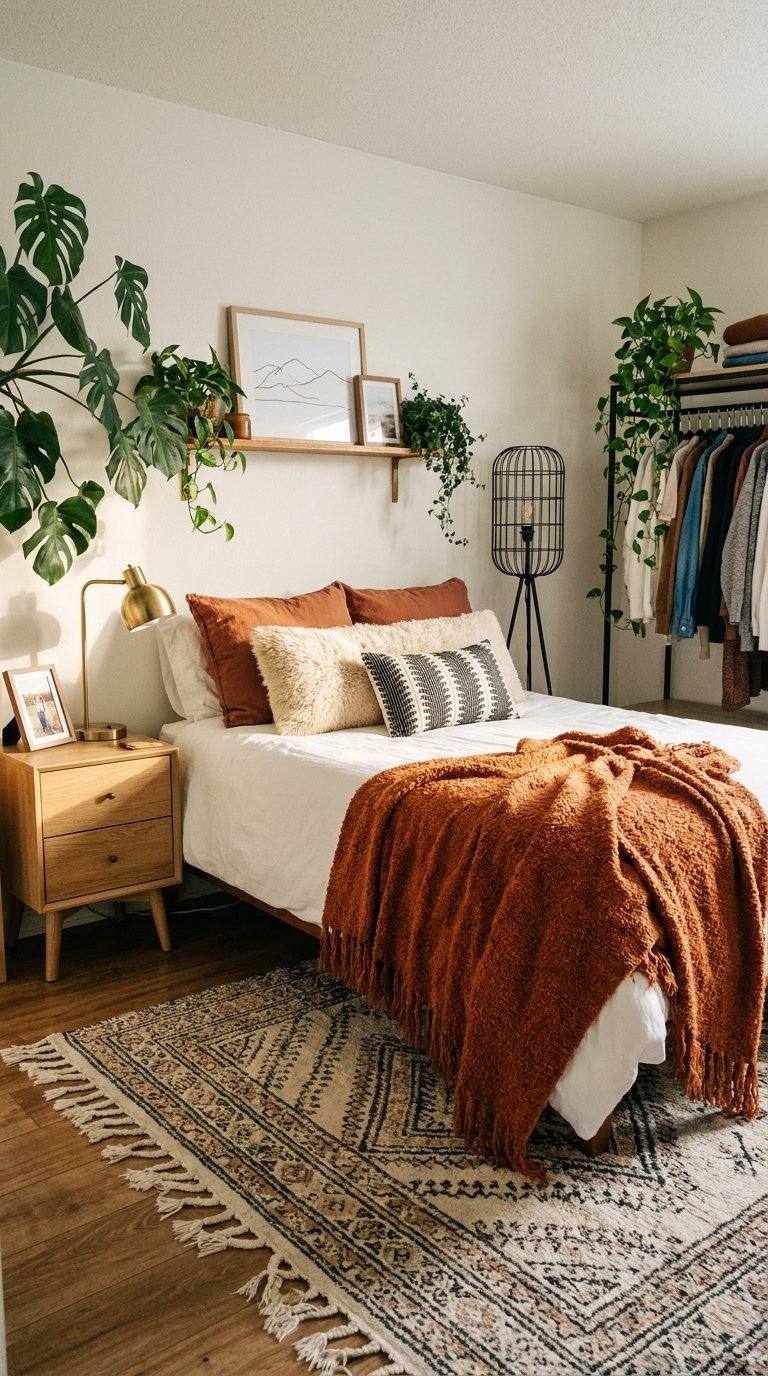 Chambre bohème avec plantes vertes, textiles terracotta et portant ouvert