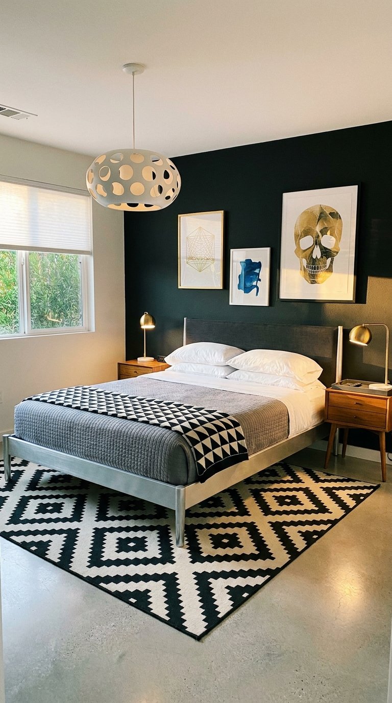 Chambre graphique avec mur vert foncé, tapis noir et blanc et cadres contemporains