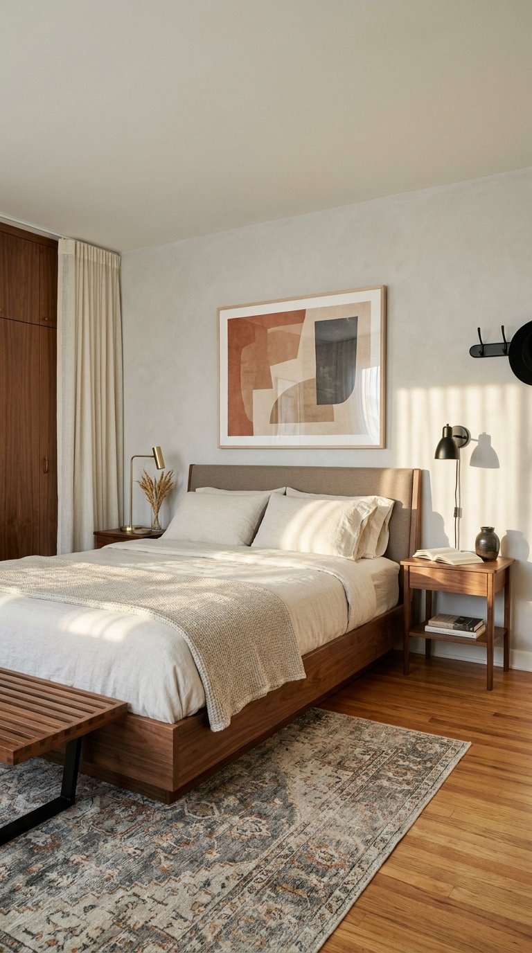 Chambre moderne en bois avec tableau abstrait, linge beige et tapis vintage