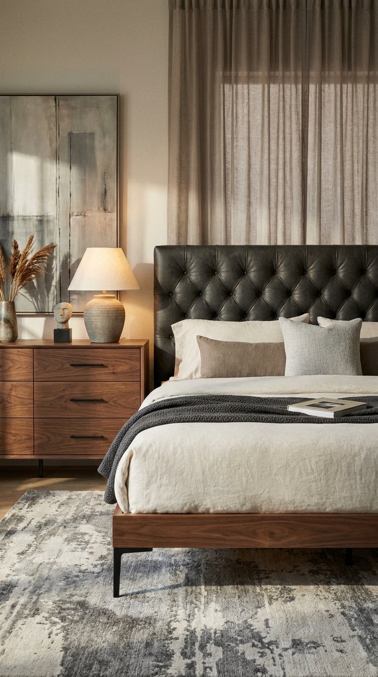 Chambre élégante avec tête de lit capitonnée noire, commode en noyer et rideaux taupe