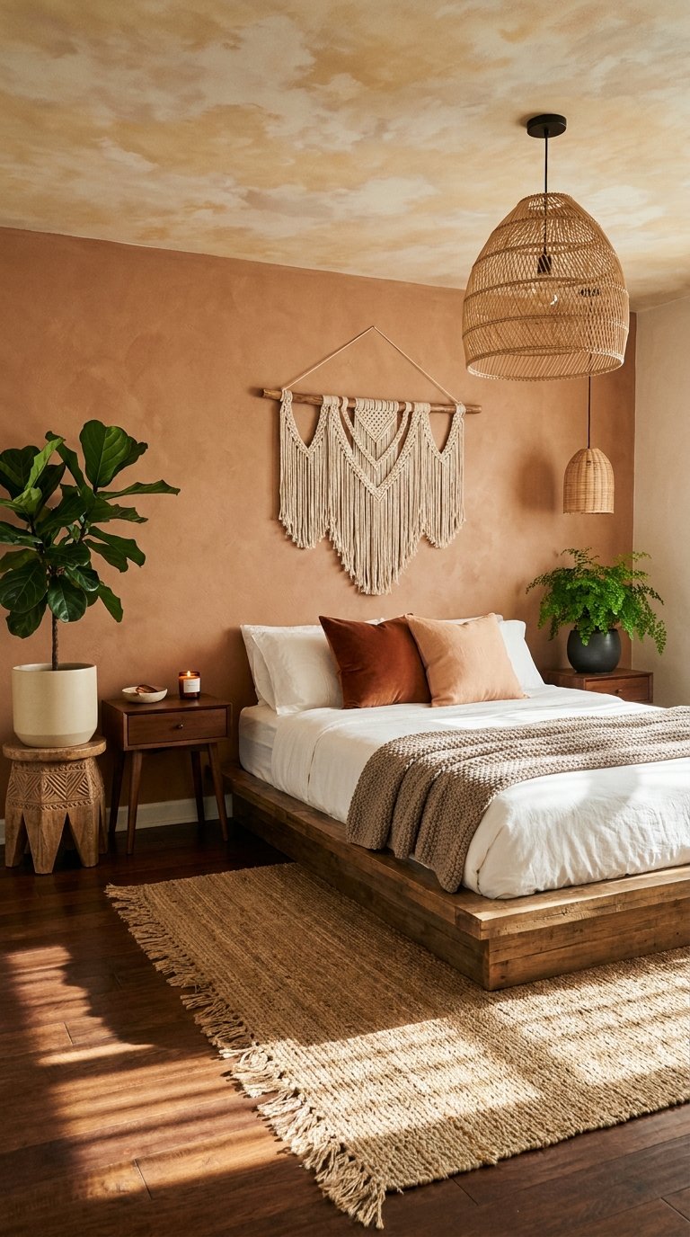 Chambre bohème avec mur terracotta, lit en bois, macramé et plantes vertes