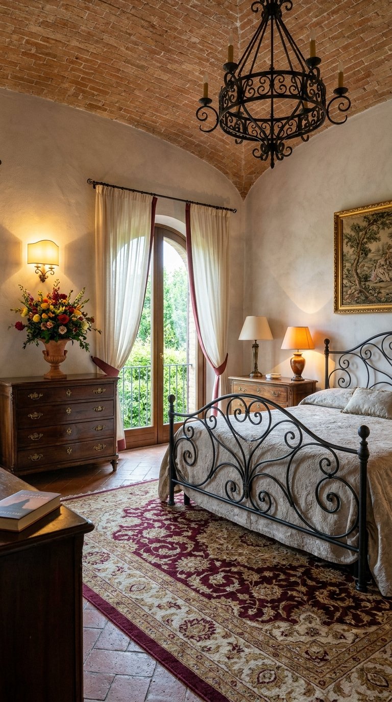 Chambre classique sous voûte en briques avec lit en fer forgé et tapis bordeaux