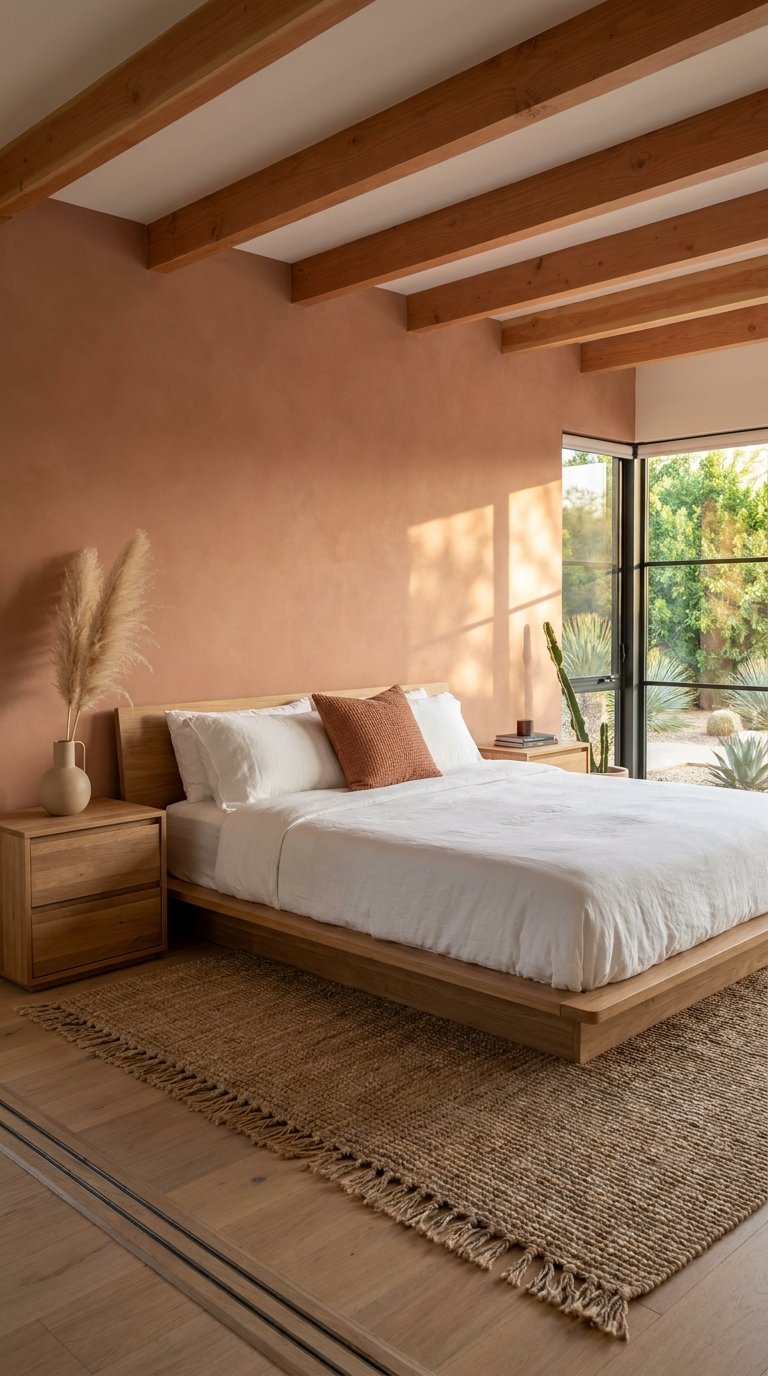 Chambre minimaliste avec mur terracotta clair, poutres en bois et grandes baies vitrées