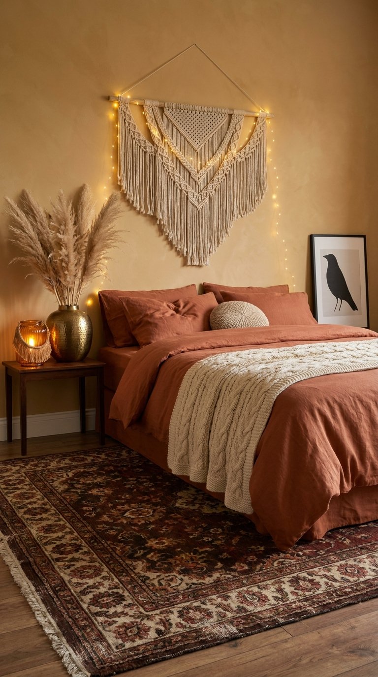 Lit habillé de terracotta sous un macramé illuminé et entouré de pampas