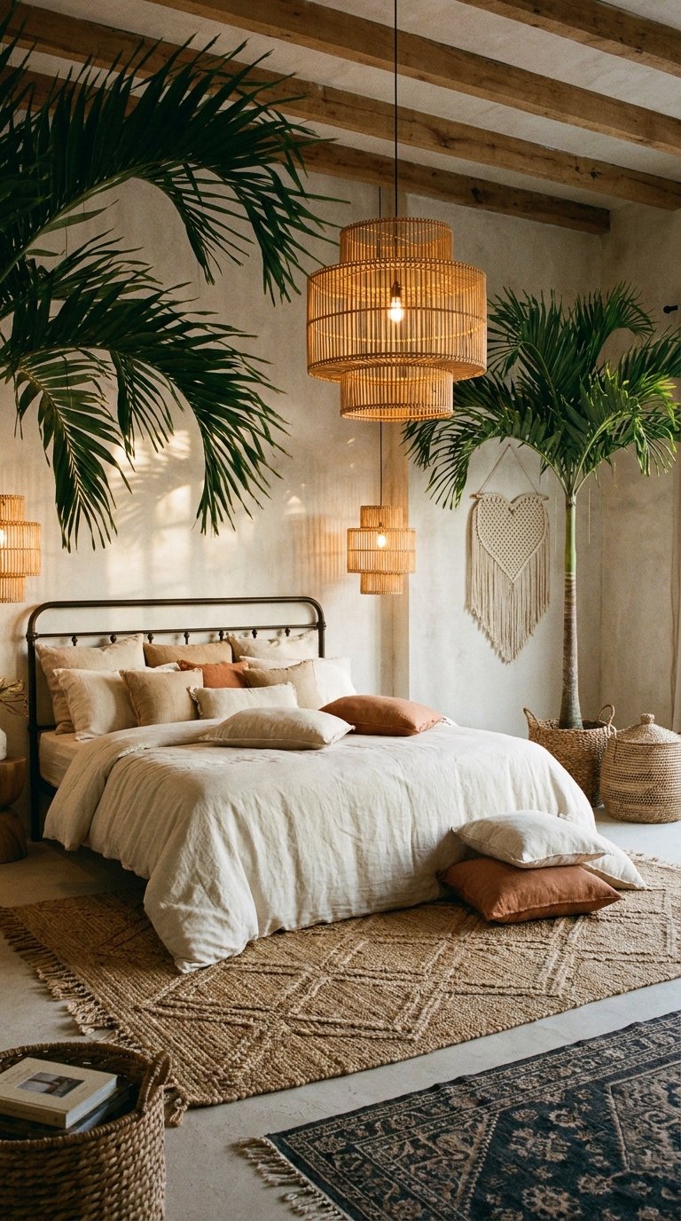 Chambre tropicale avec palmiers, linge blanc, coussins terracotta et luminaires en rotin