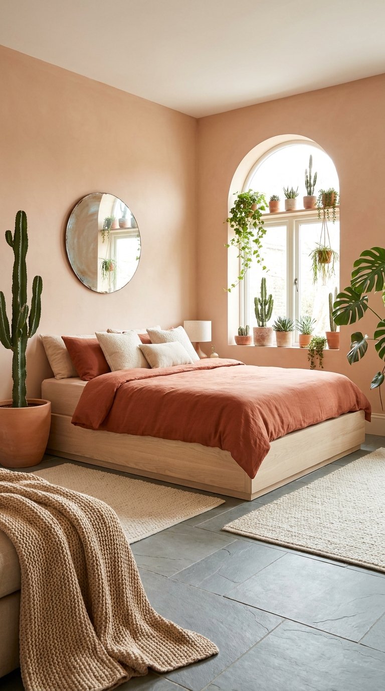 Chambre terracotta lumineuse avec fenêtre cintrée, cactus et linge de lit orangé