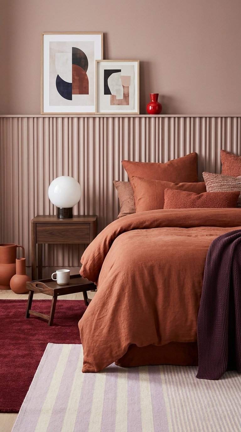 Chambre terracotta et vieux rose avec soubassement cannelé et linge de lit assorti