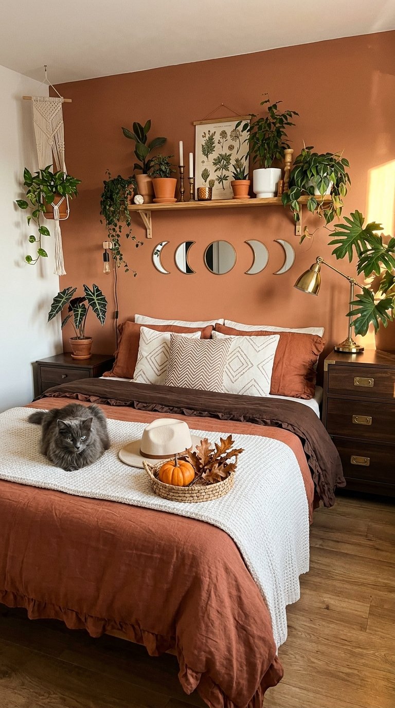 Chambre terracotta végétale avec étagère, miroirs lunaires et chat sur le lit