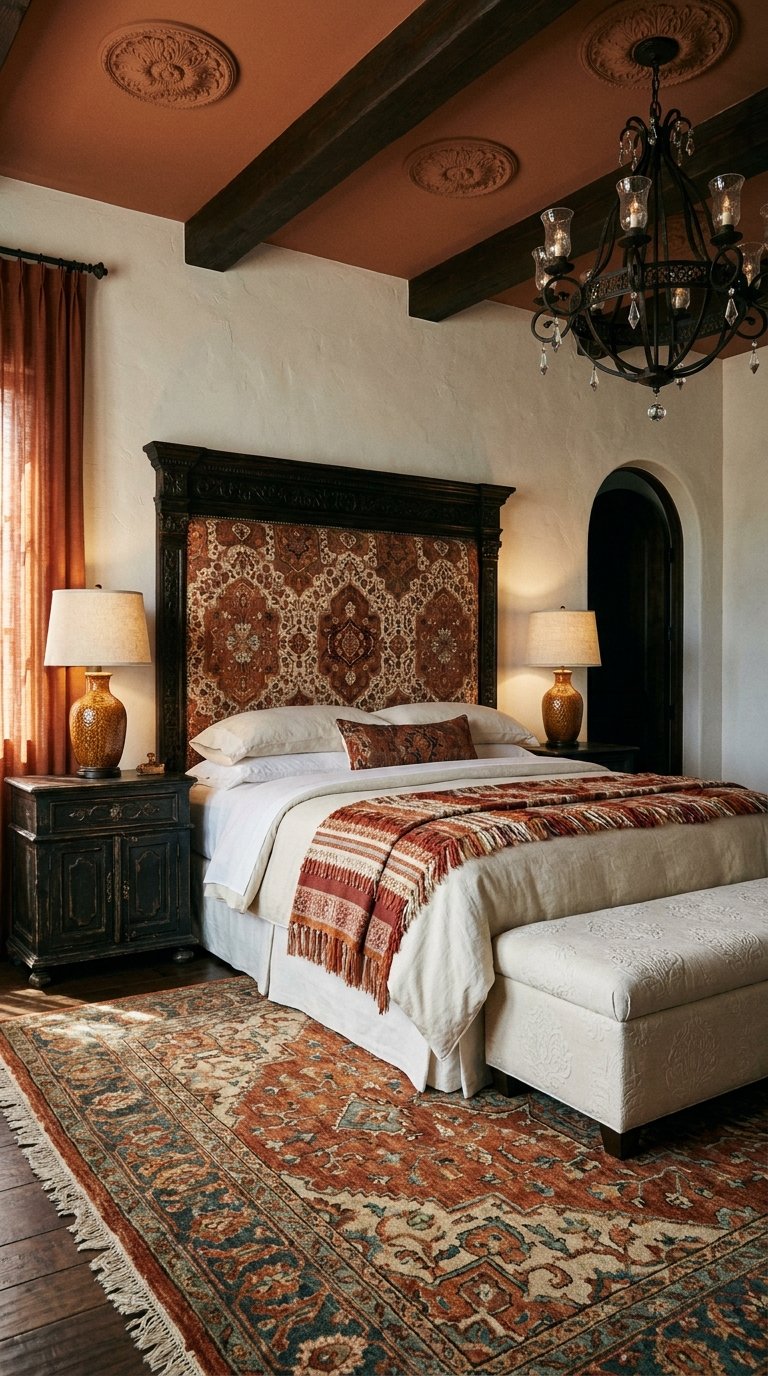 Chambre élégante avec tapis persans terracotta, poutres sombres et tête de lit sculptée
