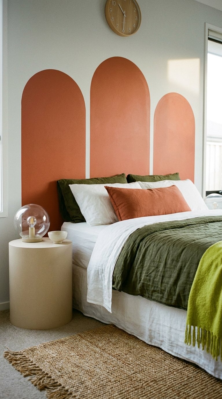 Petite chambre blanche avec arches peintes terracotta et linge vert olive
